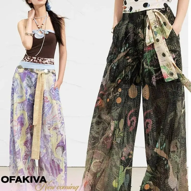

Secret Forest Natural Gauze Printed Casual Pants Women's Hollow Breathable Wide Leg Pants