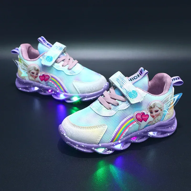 Disney-Calçado desportivo infantil casual, congelado, malha, rosa, respirável, luz led, confortável, coreano, novo, primavera