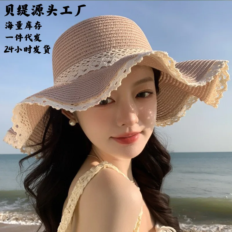 Women Wide Brim Bowknot Summer Sun Hat Lace Trim Uv Protection 100 Cotton Straw Hat For Outdoor Beach Vacation Foldable One Size
