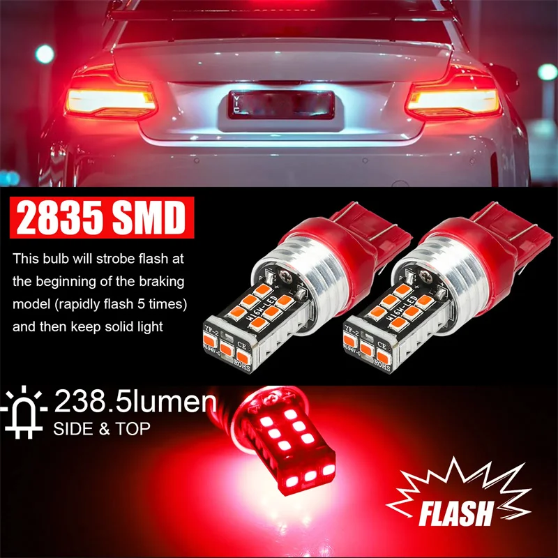 New 4Pcs 7443 7440 Red Flashing Strobe Blinking Rear Alert Safety Brake Tail Stop High Power LED Light Bulbs