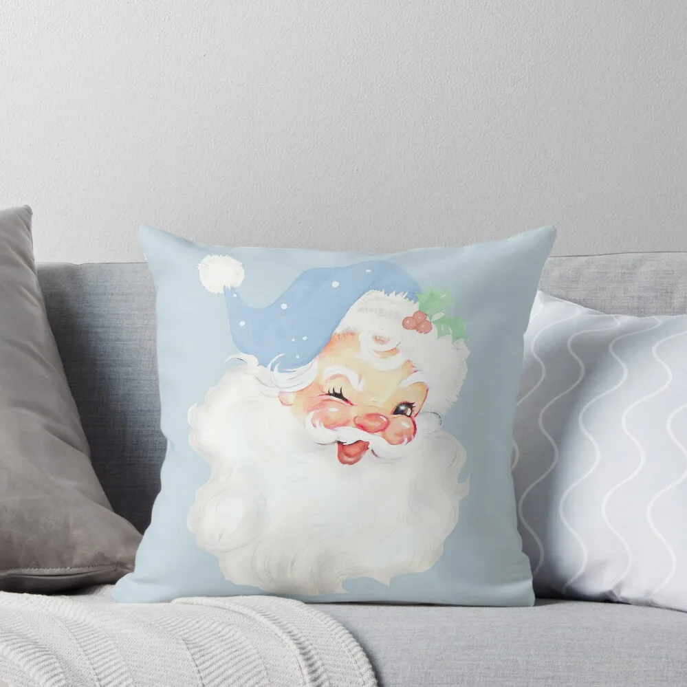 

Light Baby Blue Vintage Christmas Winking Santa Claus Throw Pillow Christmas Covers covers for pillows pillow