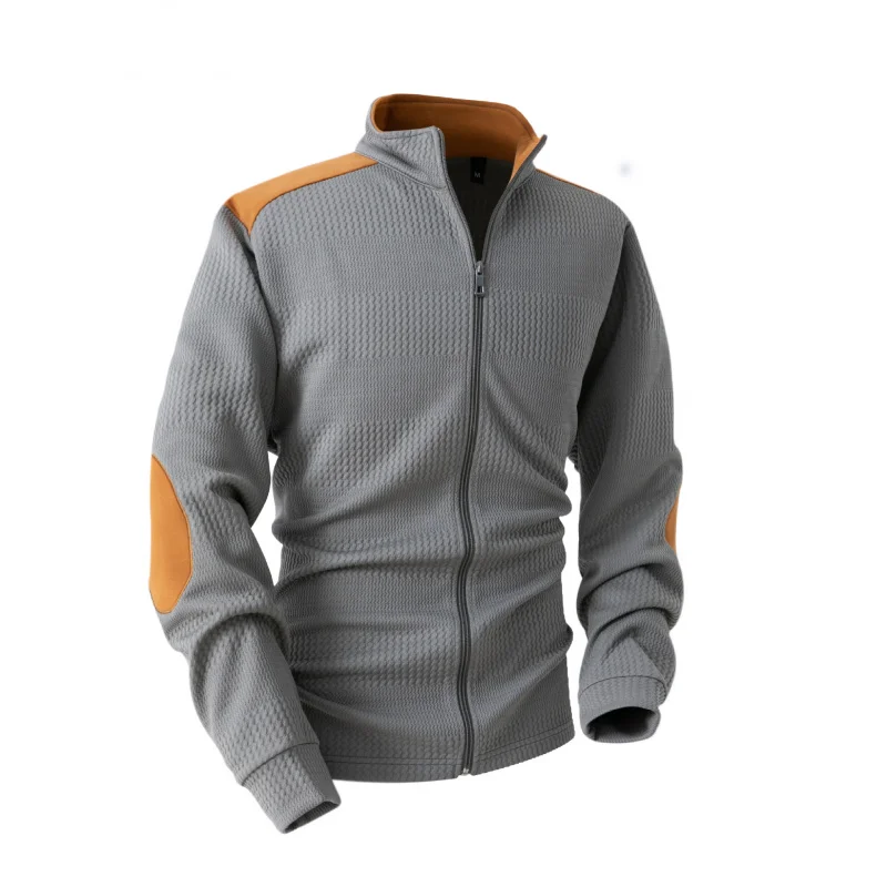 ヨーロッパとアメリカのメンズカジュアルスポーツジャカード長袖ジッパーターンダウンカラーコート