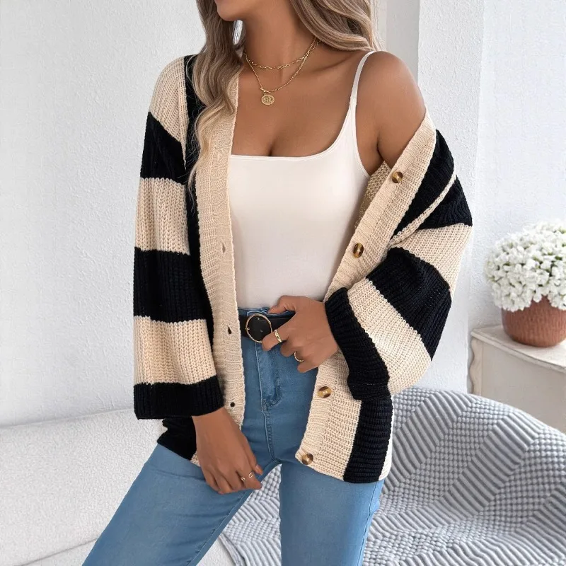 

Повседневный осенне-зимний вязаный кардиган в контрастную полоску с расклешенными рукавами, модный однобортный куртка миди с v-образным вырезом
