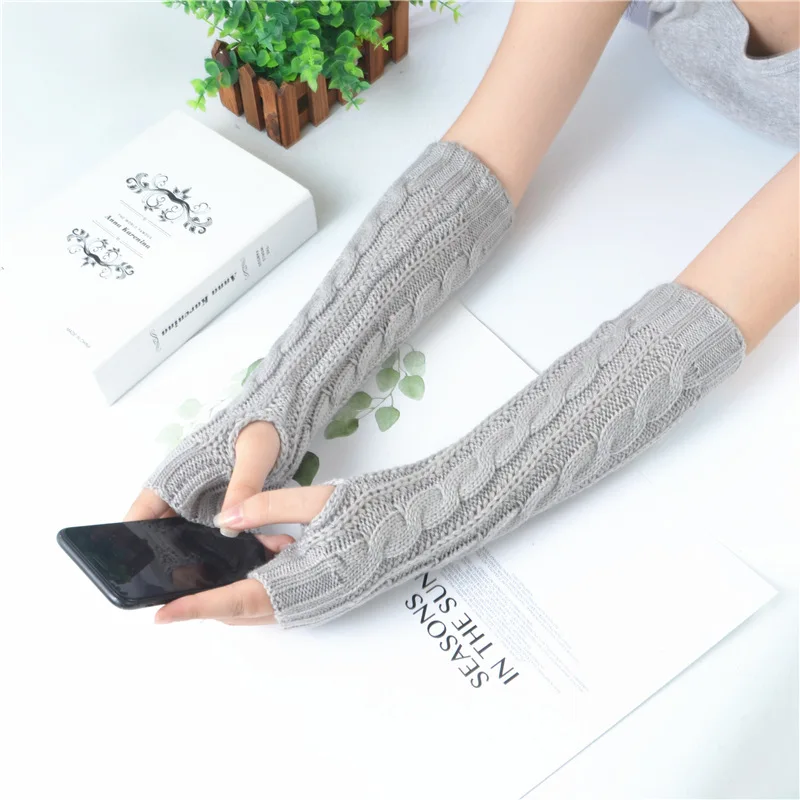 Women\'s Long Fingerless Gloves Winter Punk Warm Oversleeves Knitted Half Finger Twist Arm Sleeve Mitten Keep Warm Arm Warmer