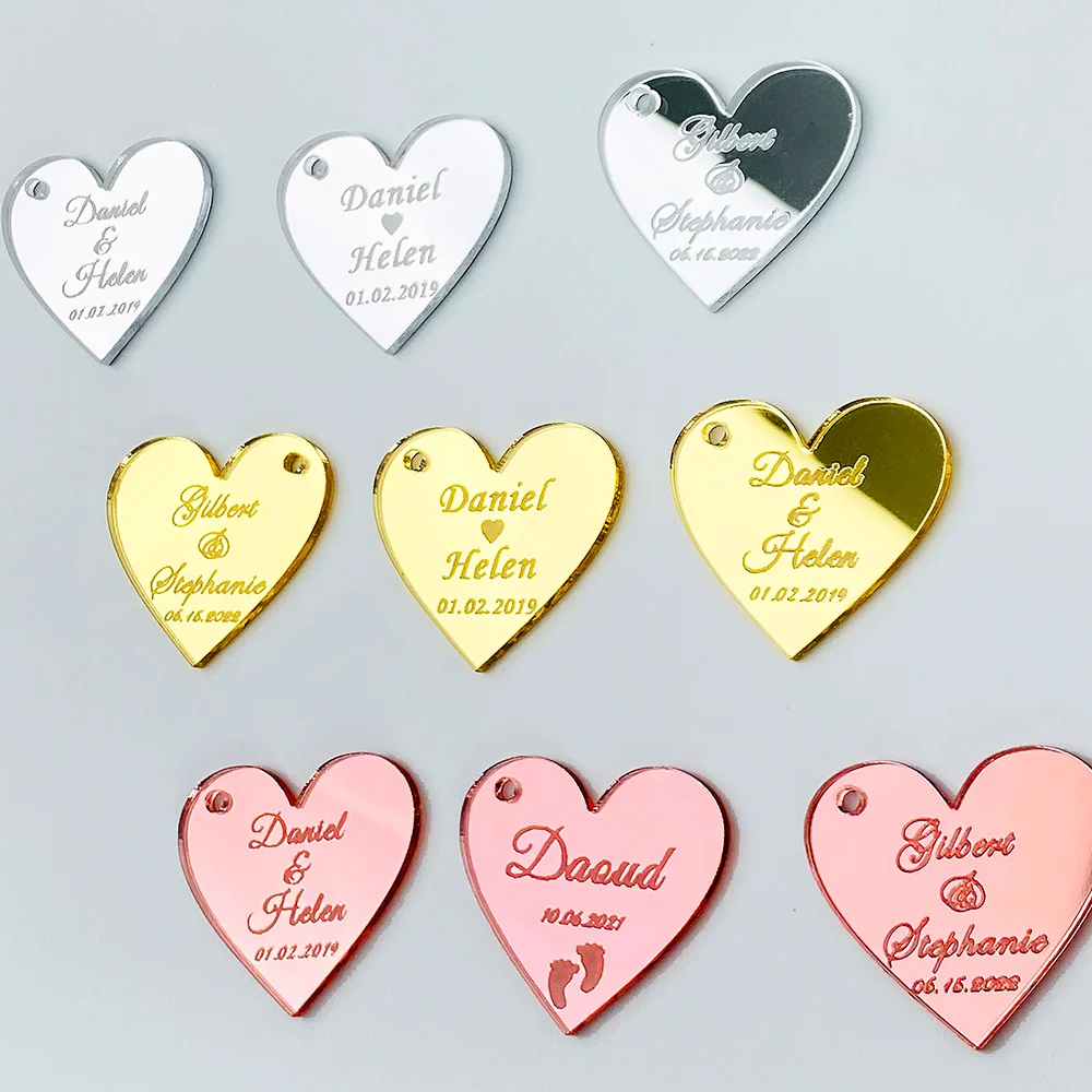 20/50/100Pcs Personalized Acrylic Love Heart Tag Engraved Custom Wedding Name Baby Baptism Mirror Gold Tag Decoration Gift