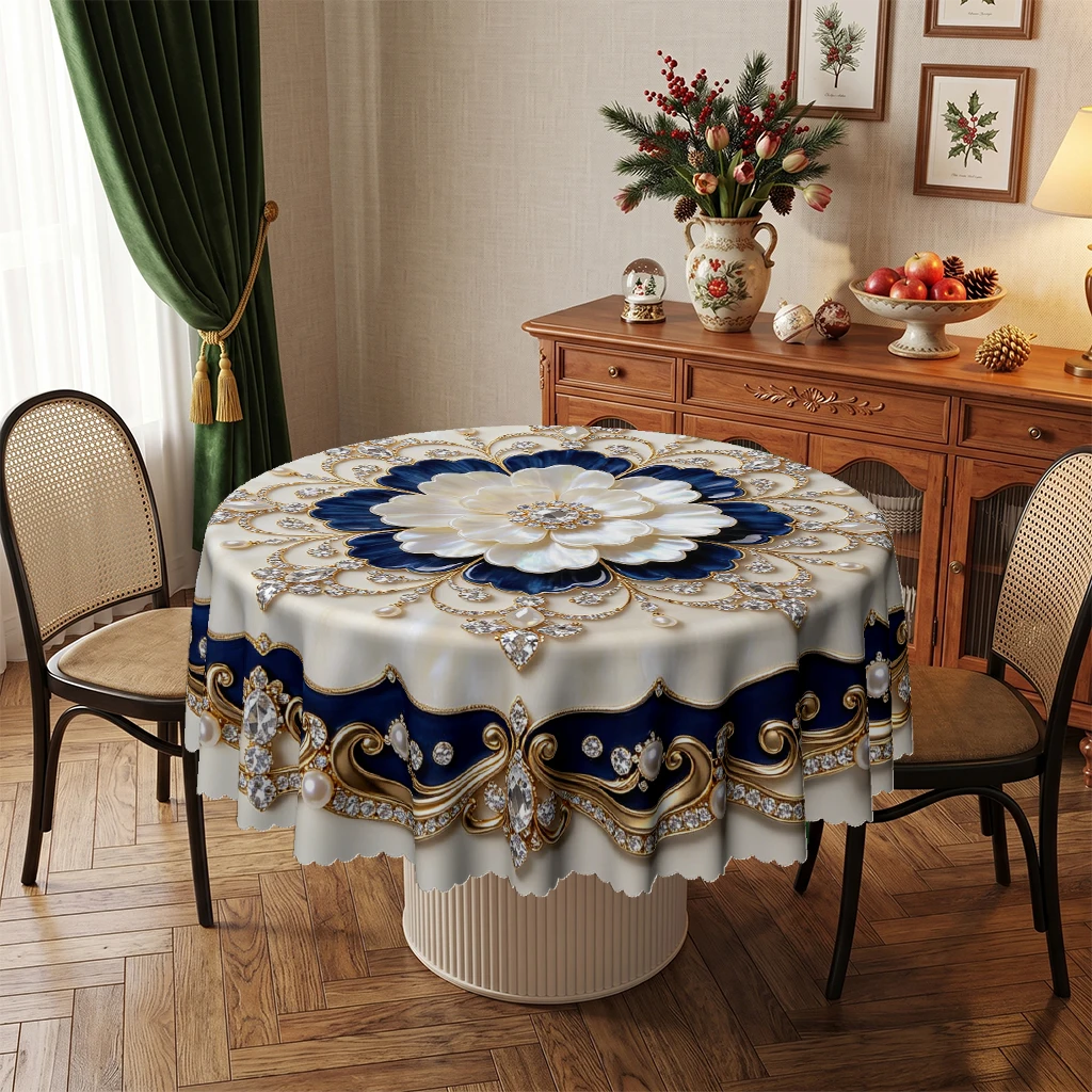 Royal Ornate Blue Gold Diamond Floral Round Tablecloth, 3D White Lotus Pearl Embossed Look Tablecover for Dining Table Cafe Restaurant Buffet Party Event Gatherings, Durable Washable Wrinkle Free Decorative Cloth for Festive Kitchen Room Decor