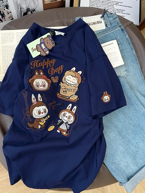 Summer New Cartoon Print Cotton ort Sve T-irt ex Loose Fit Comfortable Breathable Casual Top for Men And Women