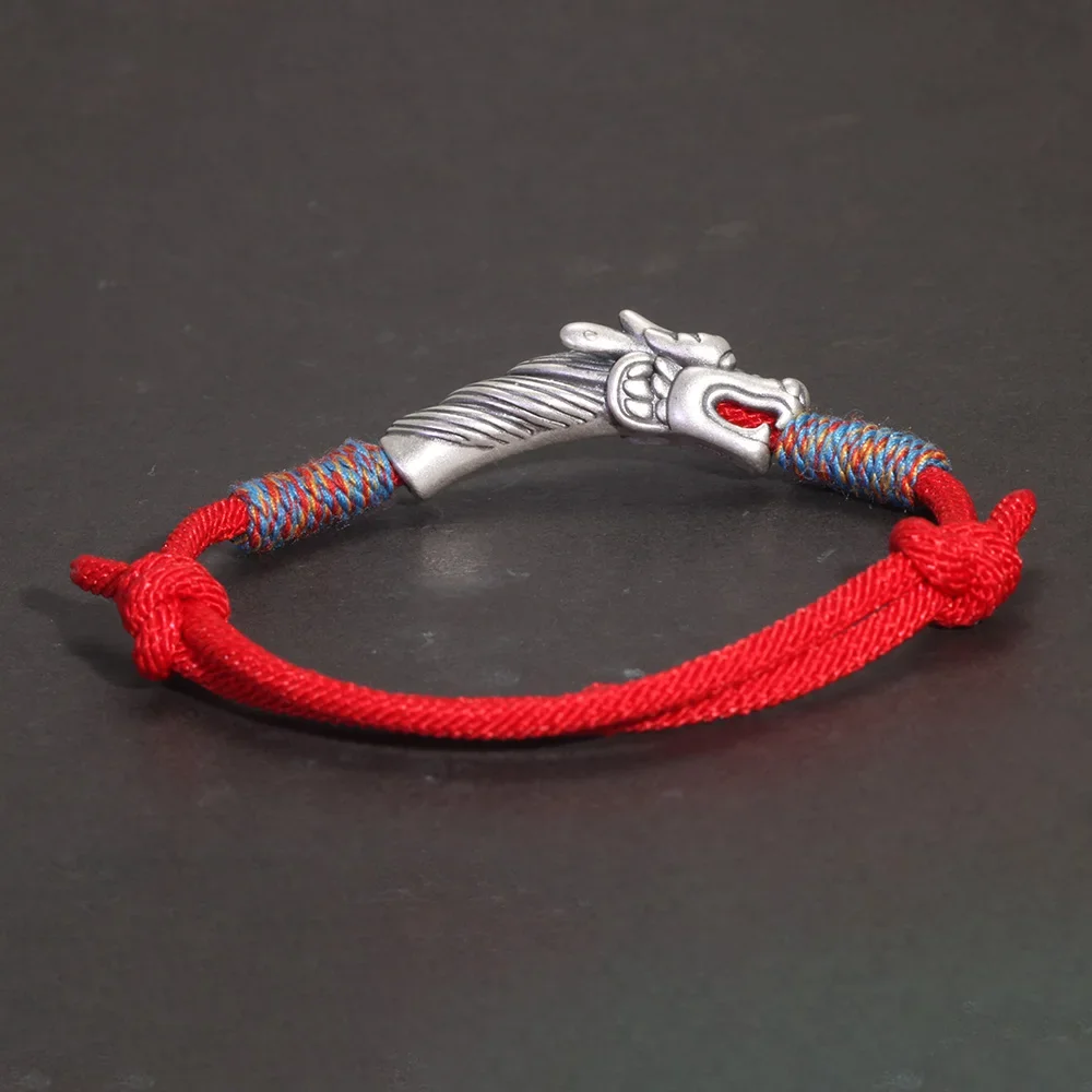 Handwoven 999 Sterling Silver Charm Lucky Red String Bracelet Dragon Men and Women\'s Jewelry