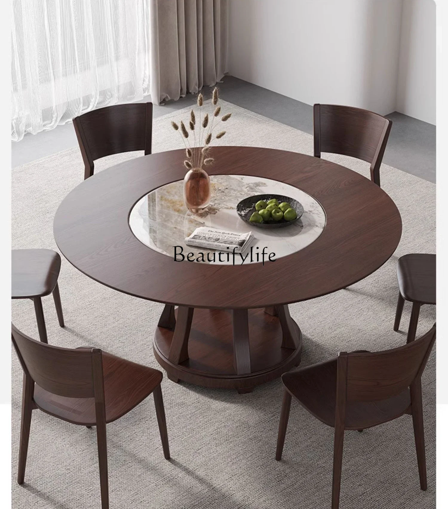 

Nordic simple solid wood rock slab dining table embedded with turntable home