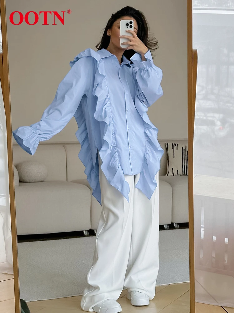 OOTN Fashion Pink Frilled Blouses And Tops Office Ladies Long Sleeve Ruffled Classic Lapel Shirts Summer Autumn 2024 Women Blue