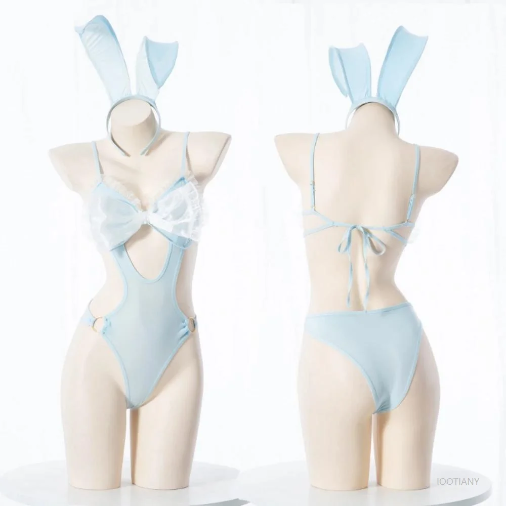 

Sexy Lace Bow Bunny Girl Uniform Role Play Outfits Hollow Light Blue Bodysuit Fairy Cosplay Costume Swimsuit Underwear Lingerie