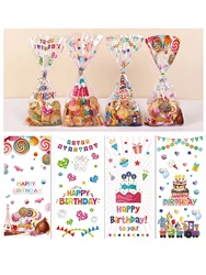 50pcs Happy Birthday Pattern Multi-color Printed Flat Mouth Gift Bag, Cute Birthday Cake Pattern Gifts Candy Decoration Bags