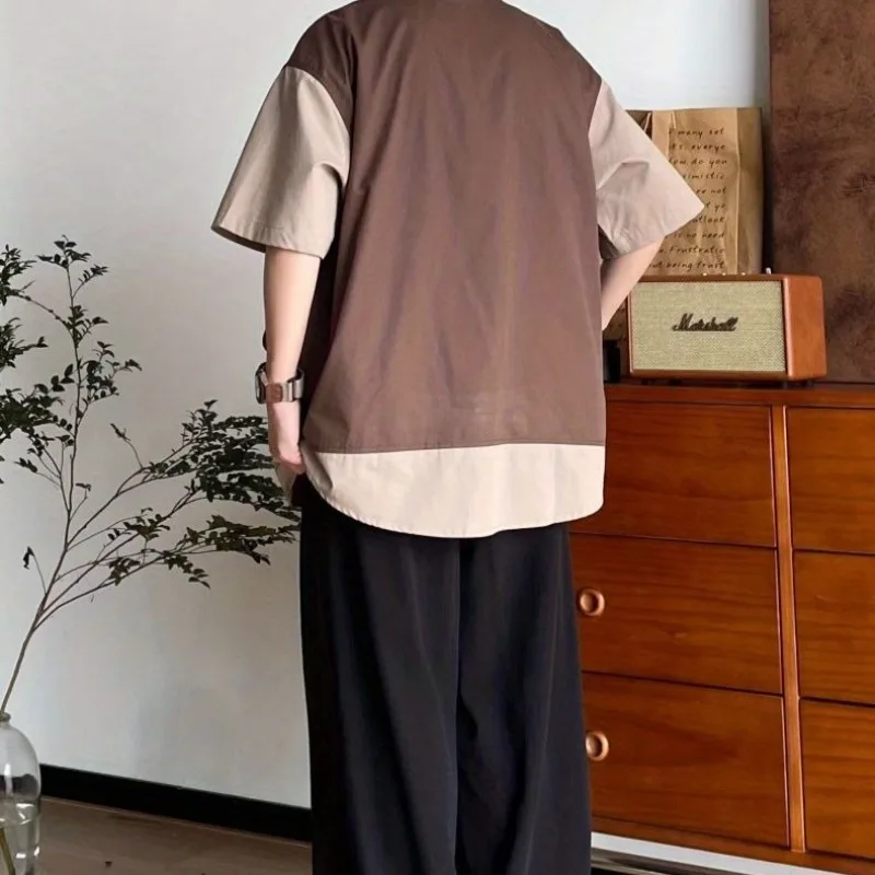 

Японская ретро-рубашка с коротким рукавом для мужчин, комплект из двух предметов, имитация двухслойности, цветные блоки, пэчворк, рабочая одежда, универсальная повседневная блузка