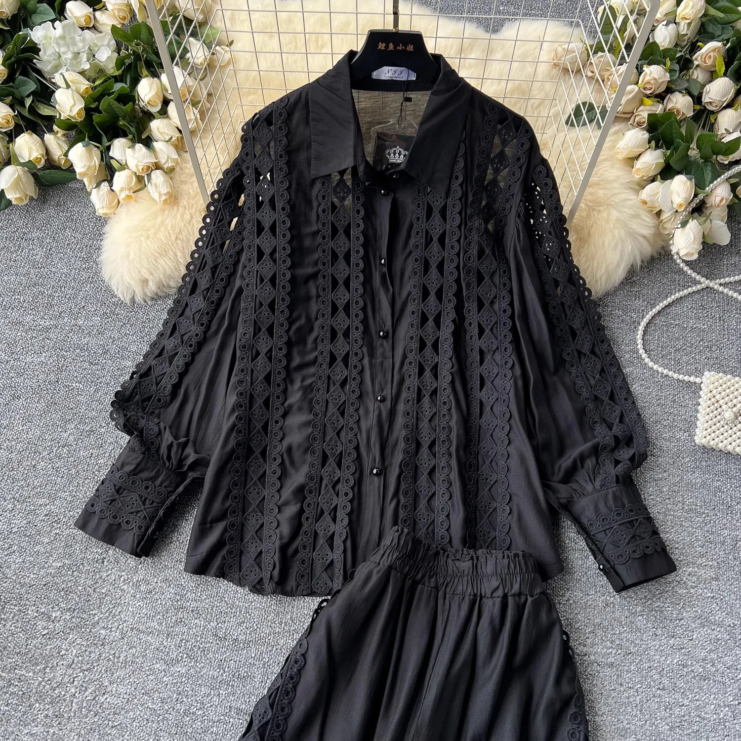 Hollow Out Flower Lace Patchwork Pants Sets Women Fashion Lapel Lantern Sleeve Tops + High Waist Wide Leg Trousers Two Piece Set