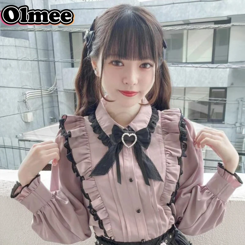 [Olmee] In Stock Jirai Kei Shirt Japanese Basic Pink Lolita Cute Mine Style Kawaii y2k Oversize Plus Size Kawaii Sweet Girly