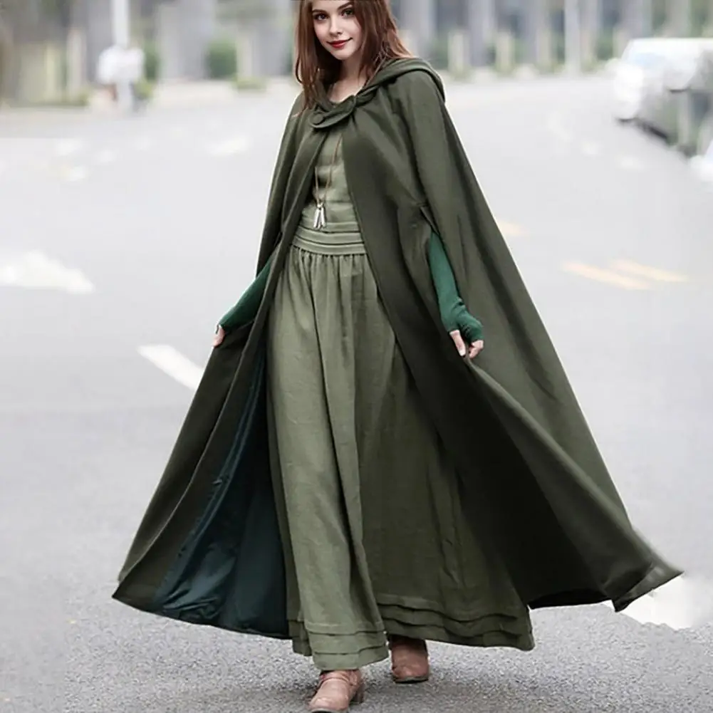 Winter Women Hooded Shawl Jacket Retro Medieval Gothic Keep Warm Cape Thick Single-Button Closure Outdoor Poncho Pirate Robe