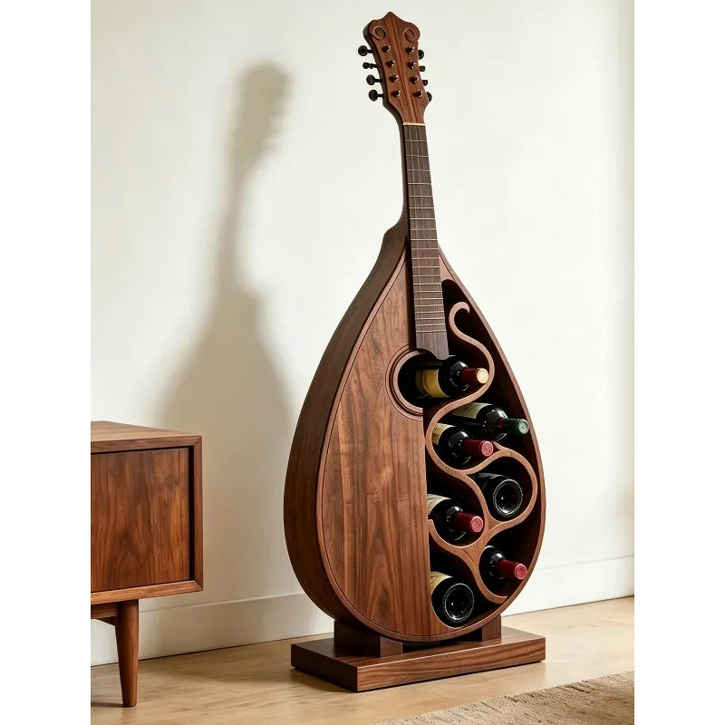 North American black walnut national style pipa wine rack, creative solid wood floor-to-ceiling wine rack ornament display rack