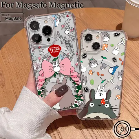 뜨거운 애니메이션 귀여운 Totoroes Magsafe 자기 전화 케이스 iPhone 16 15 14 13 12 11 8 Plus Mini Pro Max X XR Clear Anti Fall Cover