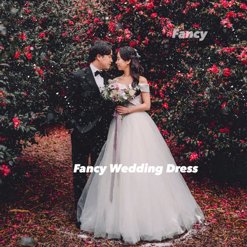Fancy Princess Off Shoulder Wedding Dress A Line Soft Tulle Bridal Gown V Neck Korea 웨딩드레스 Customized