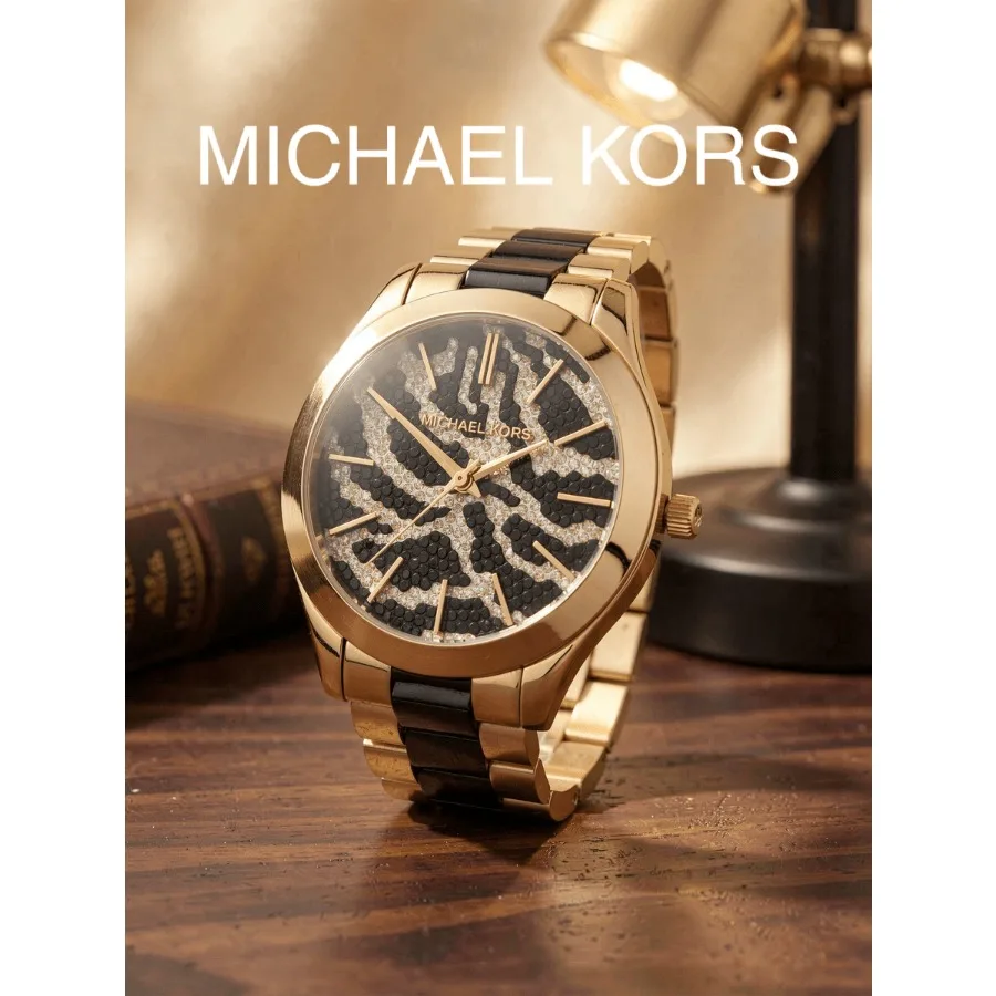 Michael Kors Women Quartz Watch Gold Black Two-tone Bracelet Zebra Pattern Pave Dial Fashion Ladies Wristwatch Gift
