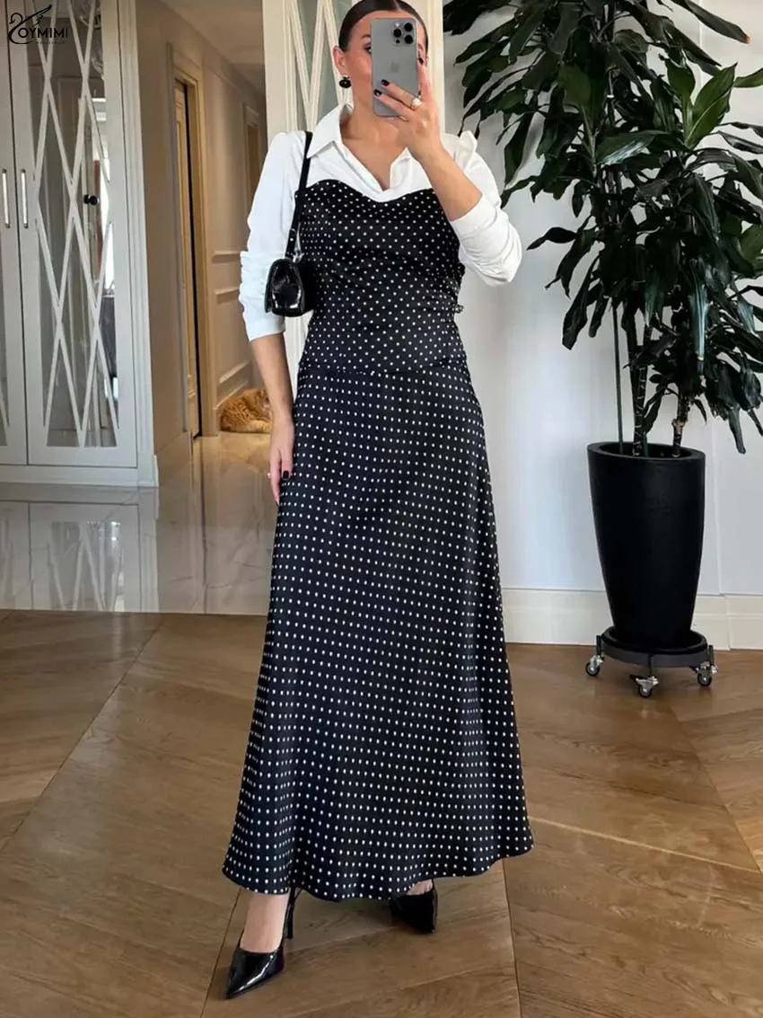 

Oymimi Elegant Black Print Women' S Clothes 2 Piece Sets Fashion Long Sleeve Single Breasted Shirts And Strapless Dresses Sets
