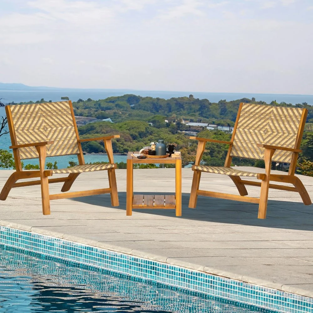 

3 Piece Patio Furniture Set Acacia Wood Side Table & PE Rattan Wicker Bistro Set Wooden Chairs for Outdoor, Poolside, Balcony