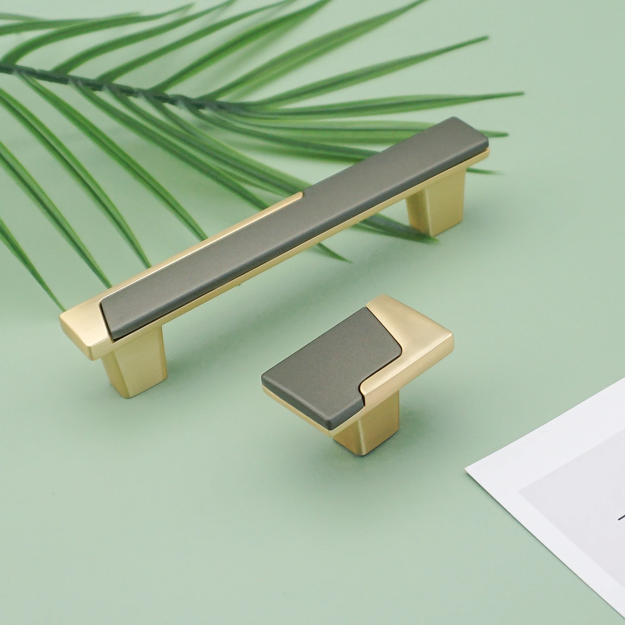 Gold with Grey Cabinet Handles Bedroom Wardrobe Pulls Kitchen Cupboard Door Square Knob Zinc Alloy Furniture Hardware 96mm 128mm