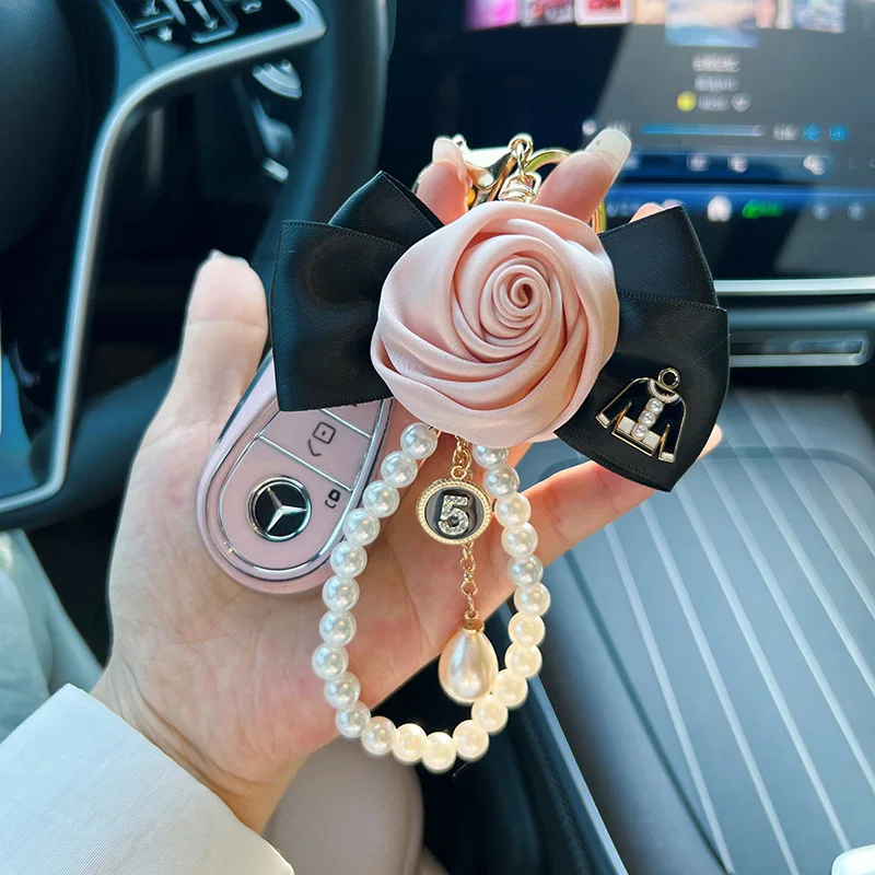Fabric Rose Pearl String Keychain Water Drop Accessories Personalized Bag Hanging Decoration Fashion Sweet Korean Style Pendant