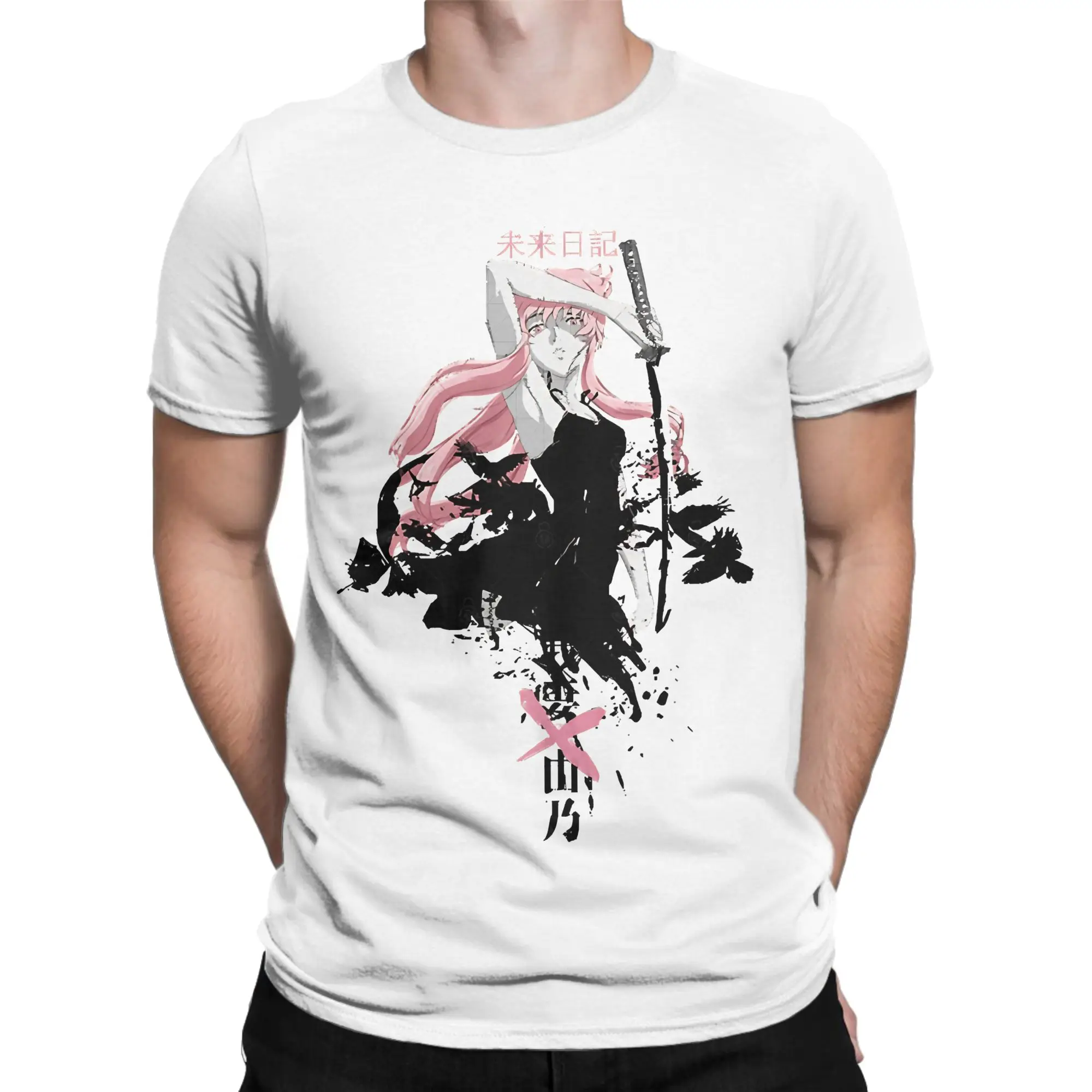 Men T-Shirts Yuno    Vintage Cotton Tees Short Sleeve Future Diary  T Shirt Crewneck Clothing Classic