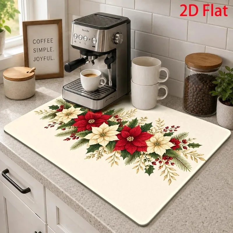 Dish Drying Mat Luxury Green Marble Golden Snowflake Countertop Protector Christmas Berry Pad