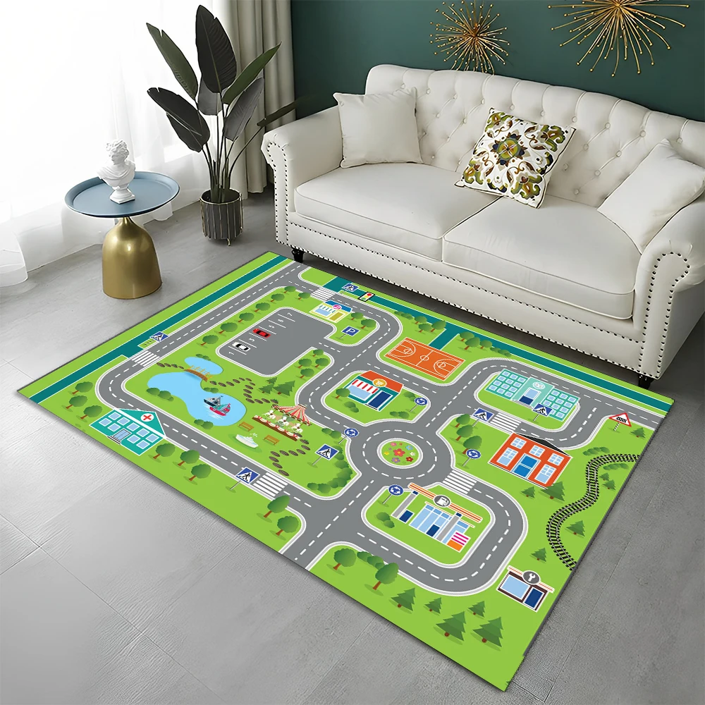 Highway City Child Playmat Traffic Playroom Carpet Rug for Home Living Room Bedroom Doormat Decor, Area Rug Non-slip Floor Mat