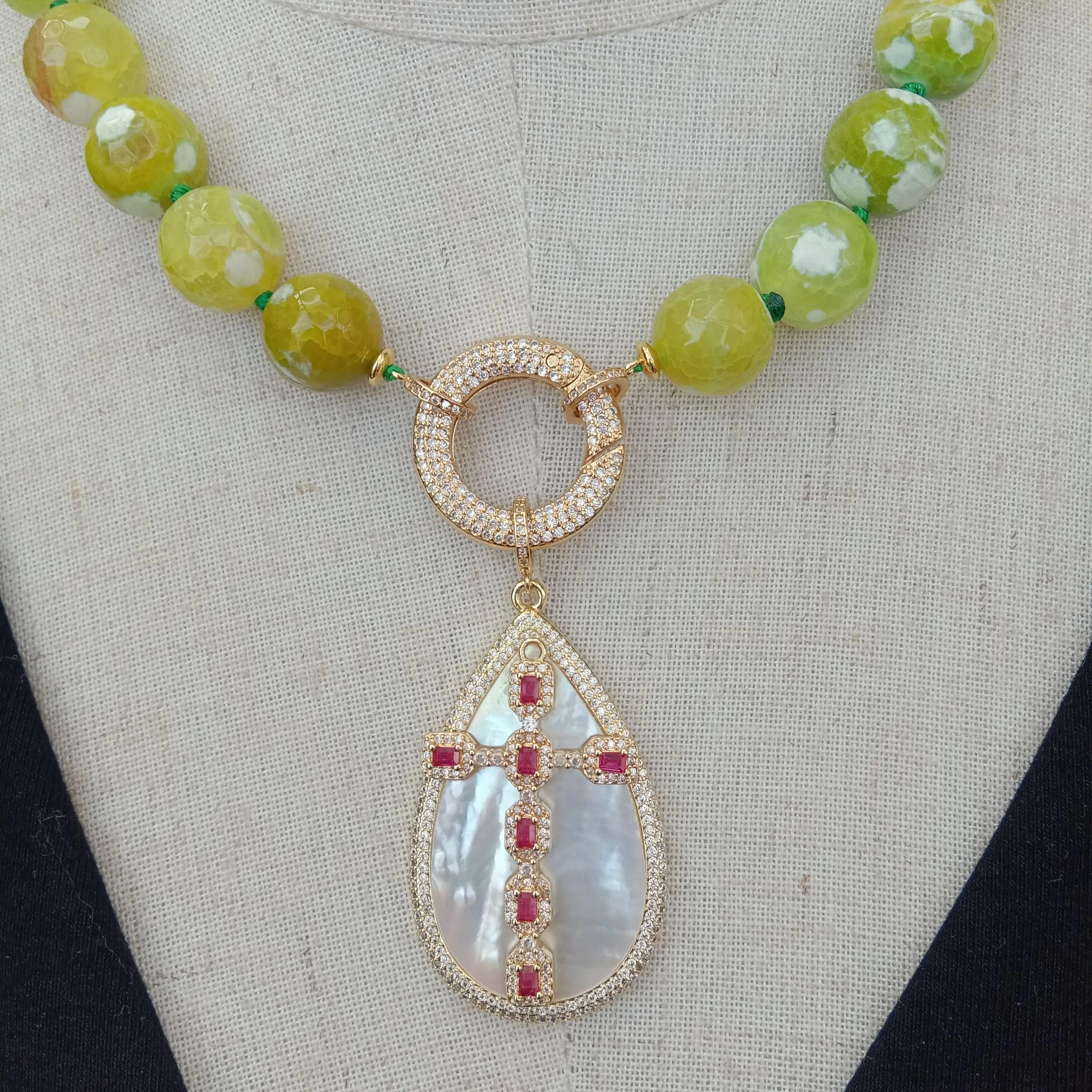 Y·YING 14mm green agate faceted round necklace white sea shell teardrop shape cz pave pendant. fuchsia cz pave cross