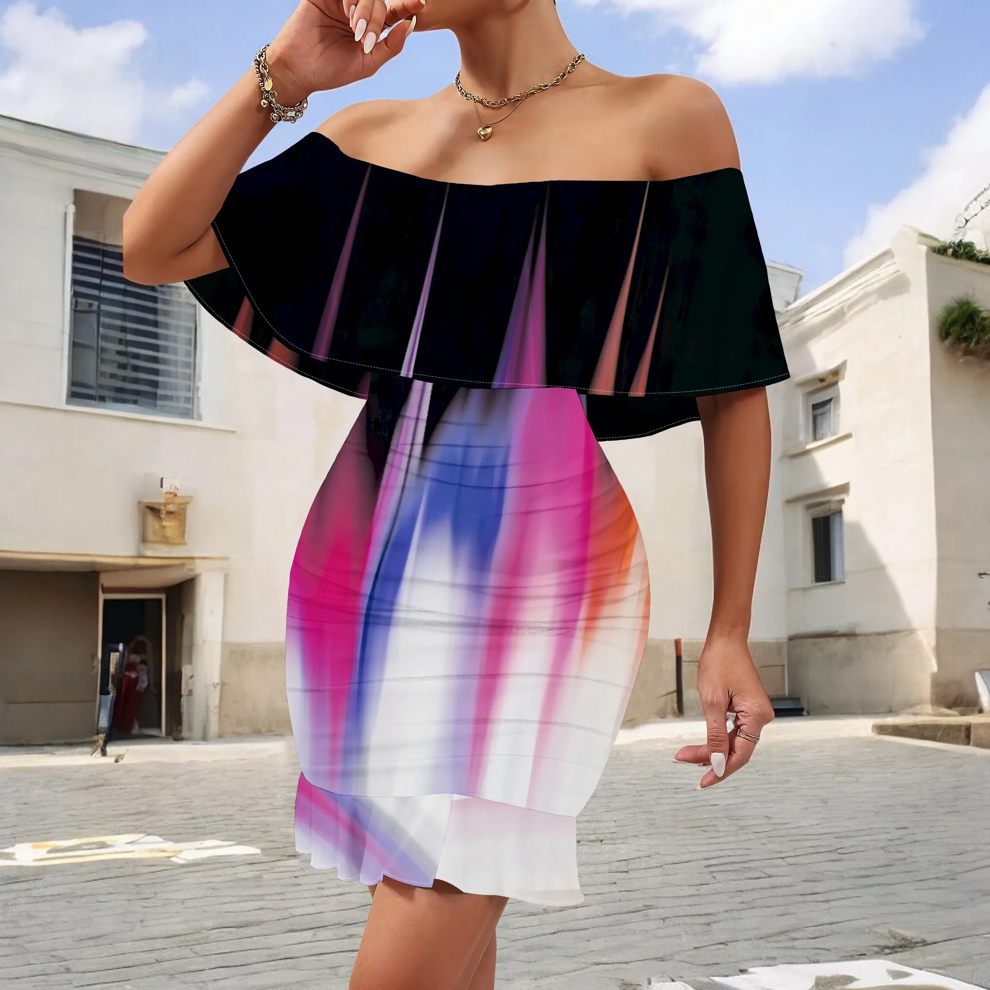 

S-3XL Women's Off Shoulder Ruffle Dress - Gradient Sunset Beach Mini for Summer Party Club Bodycon