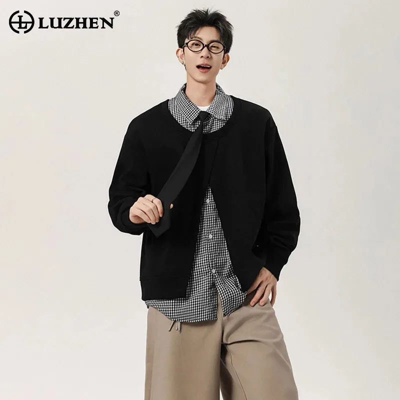 

LUZHEN оригинальный искусственный дизайн из двух предметов, модная корейская толстовка в клетку с длинными рукавами и принтом, осень 2021, однотонная рубашка JY3728