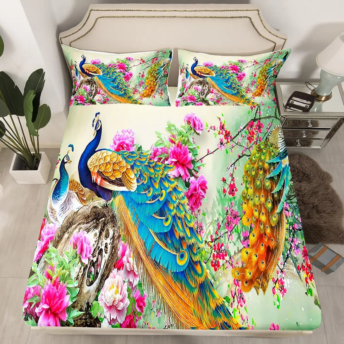 Peacock Fitted Sheet Twin King Size Blossom Flower Bedding Set Exotic Wild Animal Sheet Set,Nature Botanical Wildlife Bed Sheet