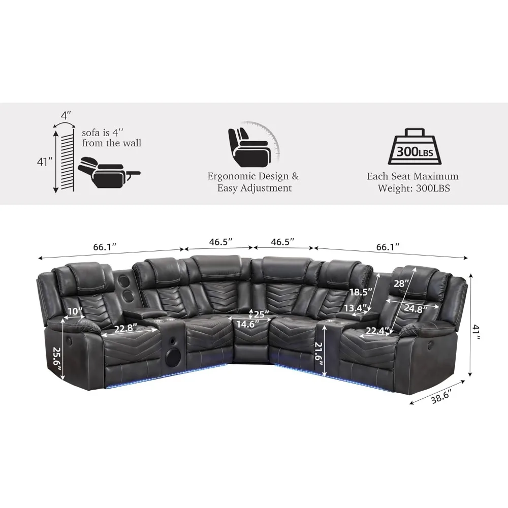 Sofá seccional reclinable con altavoz de graves, sillón reclinable con luz LED, de piel sintética