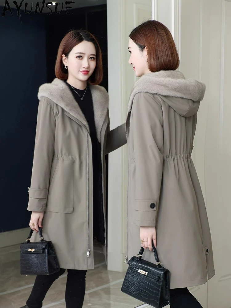 AYUNSUE réel manteau de fourrure de vison femmes vêtements d'hiver col de vison Parka mi-longue 2025 manteau de fourrure véritable femmes manteaux Пblogто Ж erotismoе