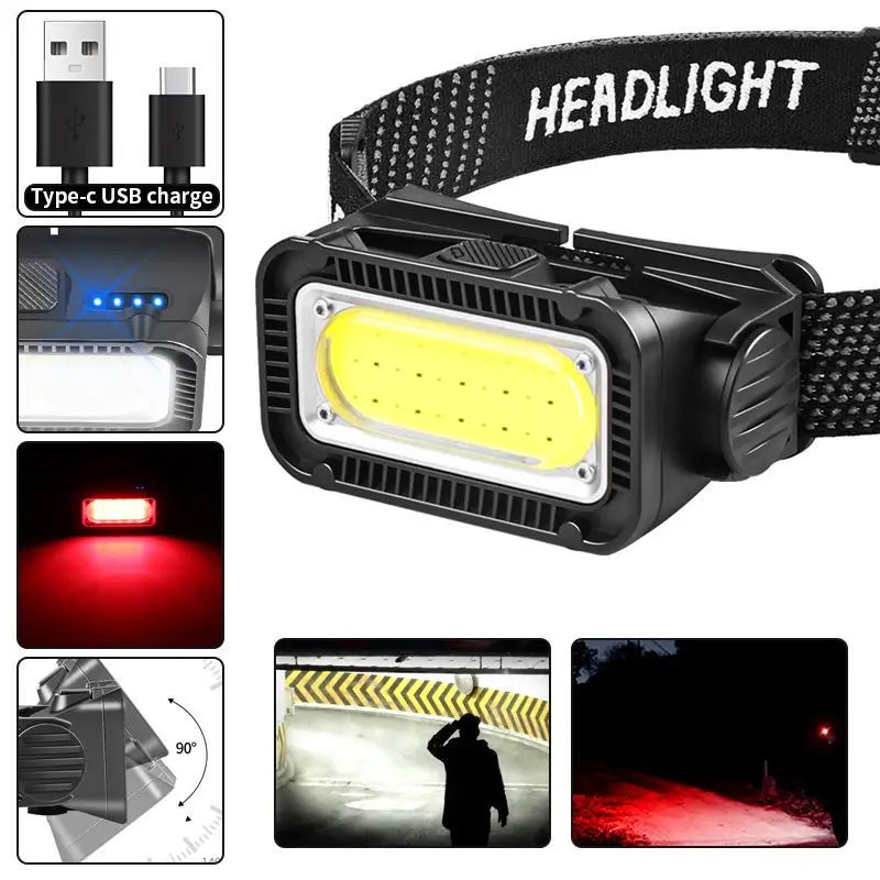 

Super Bright 3W COB White+Red Light Type-C USB Rechargeable Headlamp 5 Modes Waterproof Headlight Head Flashlight with Battery