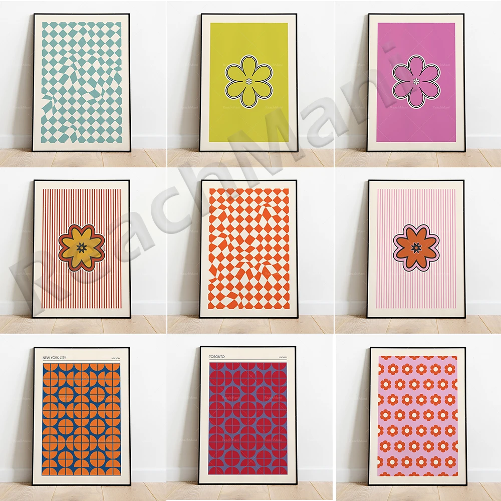 Plaid prints, 70s daisies, floral prints, geometric wall art, mid century modern art canvas print poster, aesthetic room decor