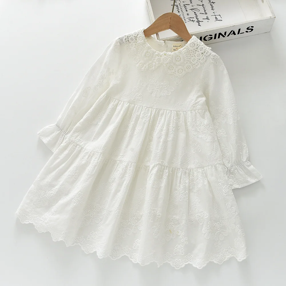 Spring 2026 New Lace Embroidered cotton dresses for Girls Small Lapel Long Sleeve Cake Dress