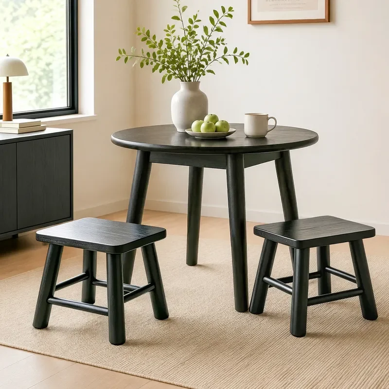 New Chinese Tenon Mortise Solid Wood Square Stool Matte Black Rounded Corners Anti Collision Entrance Shoe Change Bench Bold