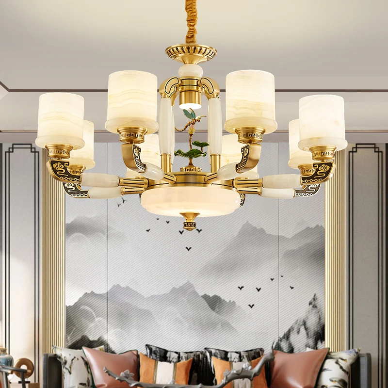 

New Chinese Style All Copper Duplex Building Living Room Chandelier Jade Lamp High-Grade Copper Lamp Villa Hall Building Stairca