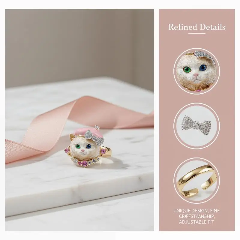 Vivid 3D Puppy Kitten Ring in Crown Bow Enamel Animal Style Ideal for Womens Jewelry Gift