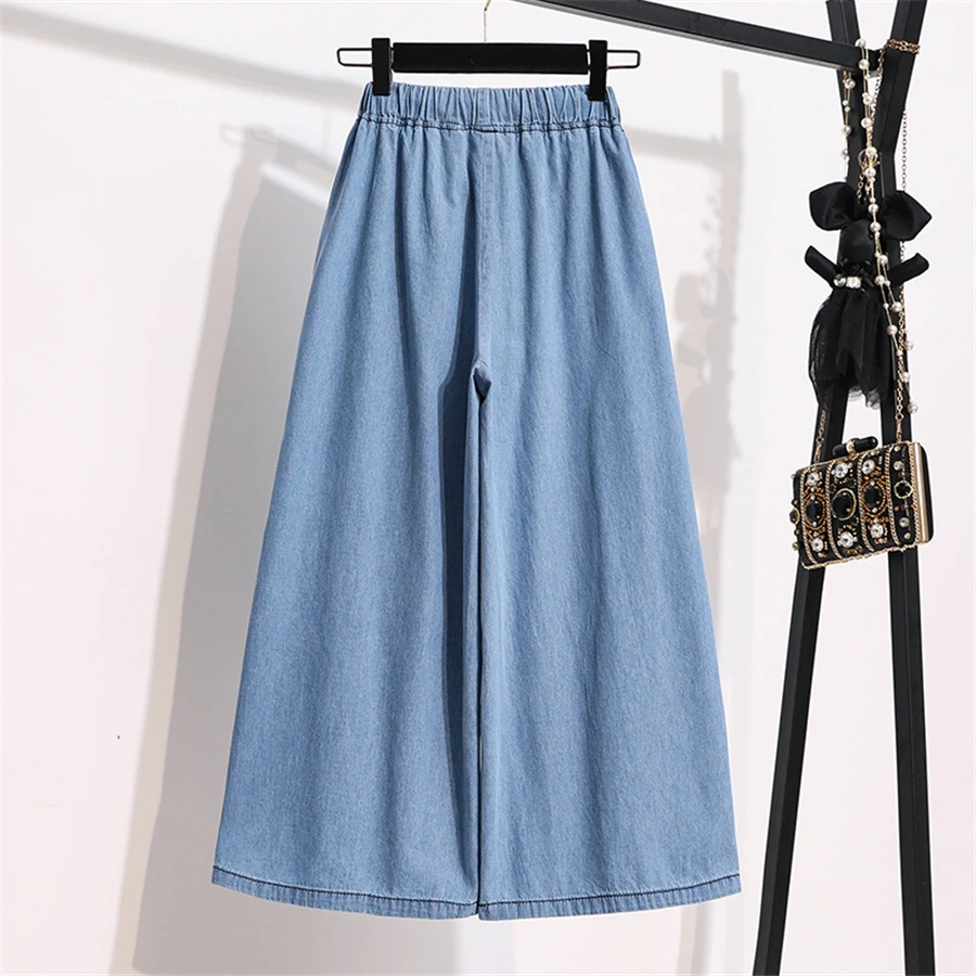 Classic Lace Up Wide Leg Jean Baggy Women Oversize 5XL Thin Denim Pants Elastic High Waist Capris Casual Korean Stretch Vaqueros