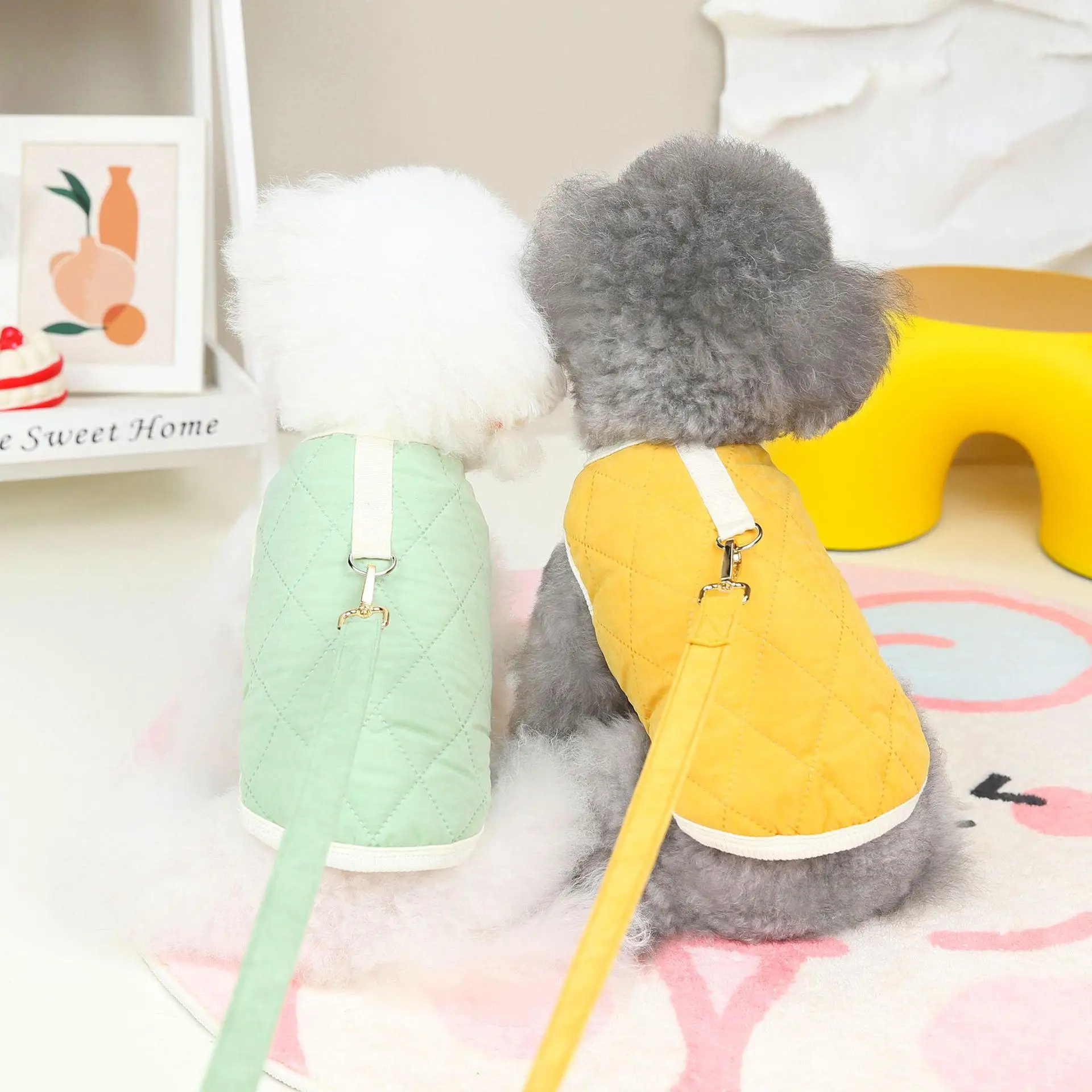 Pet Clothes Traction Cotton Vest Two-legged Clothes Dog Clothing Winter Small Dog Clothes Diamond Grid Cotton Vest Dog Costume