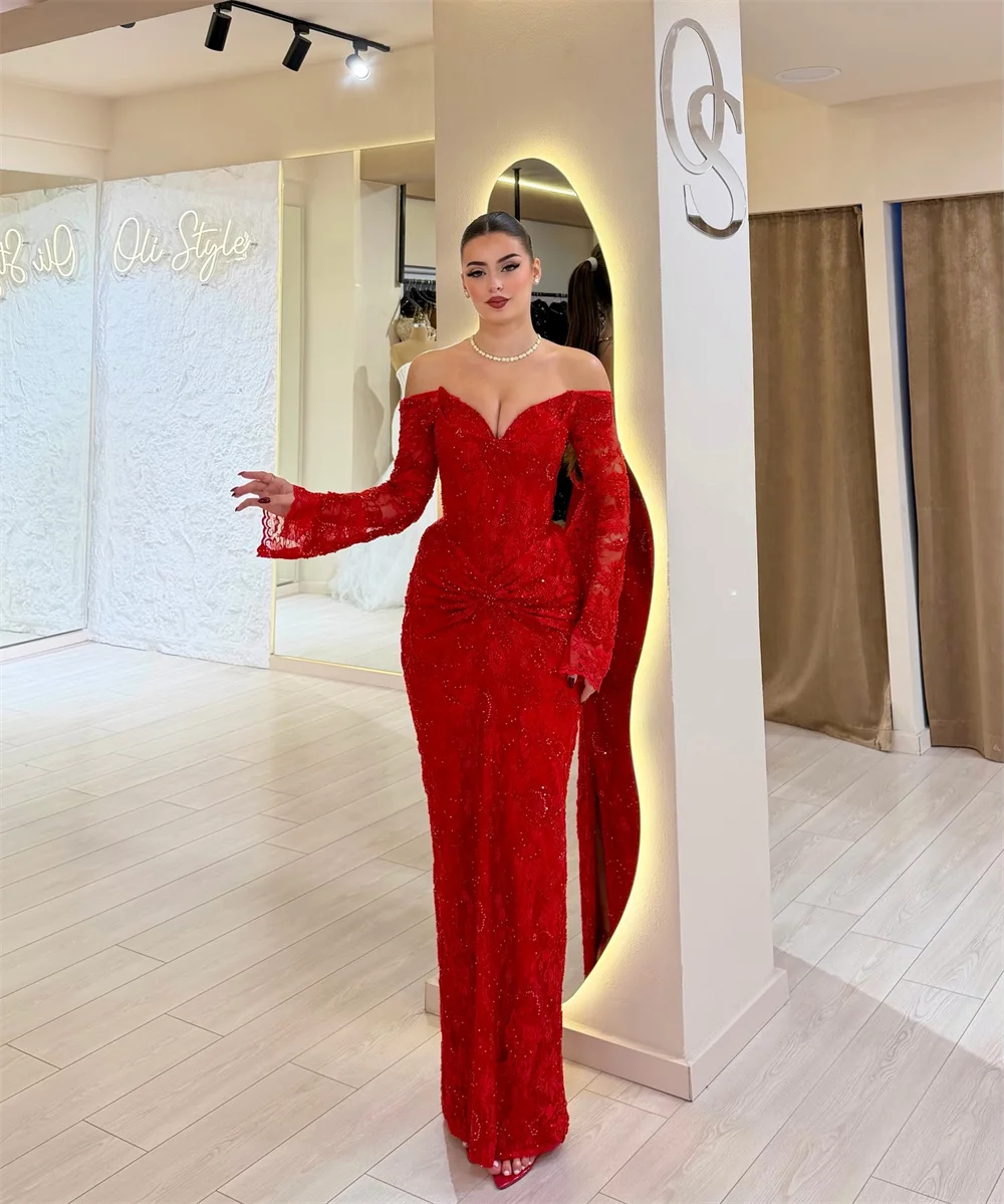 Cathy Aangepaste Rode Prachtige Kant Zeemeermin Prom Dress Uit De Schouder Lange Mouwen vestidos de noiva Vloerlengte Formele 2025
