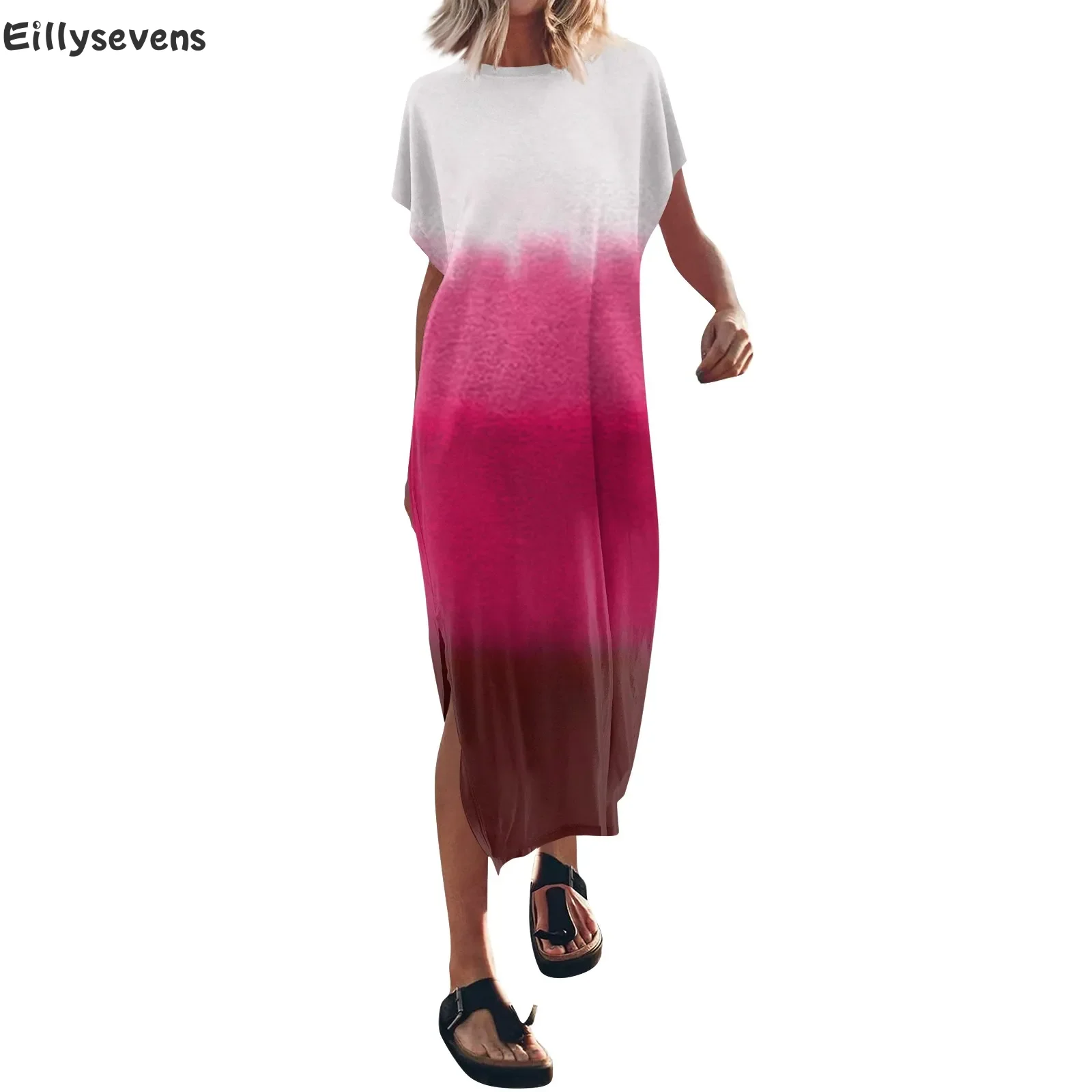 

Women's Dresses Gradient traf Summer beach Printed Dress batwing Sleeve Round Neck Casual Loose chic Split long skirts vestido