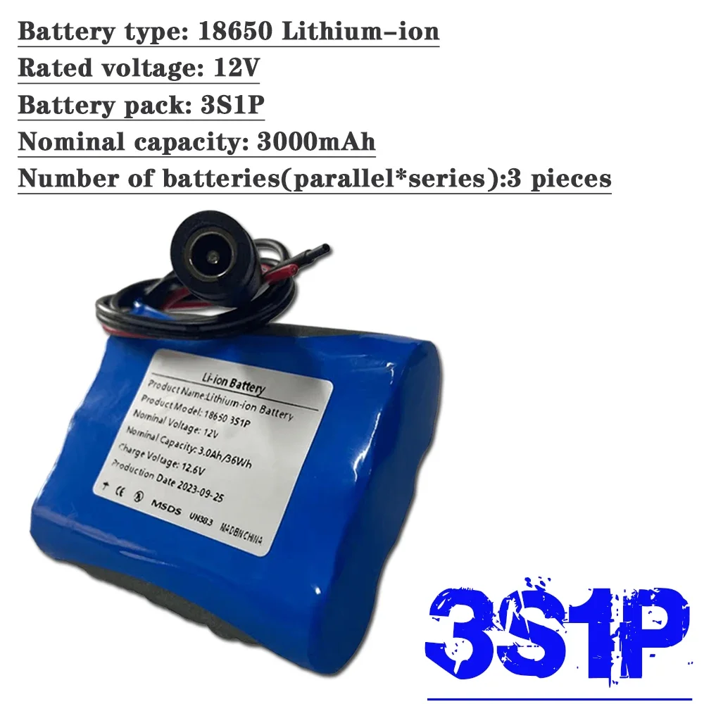 18650 Lithium ion Battery Pack 3S1P 12V 3000mAh Rechargeable Suitable for CCTV Camera Cam Monitor Battery + charger