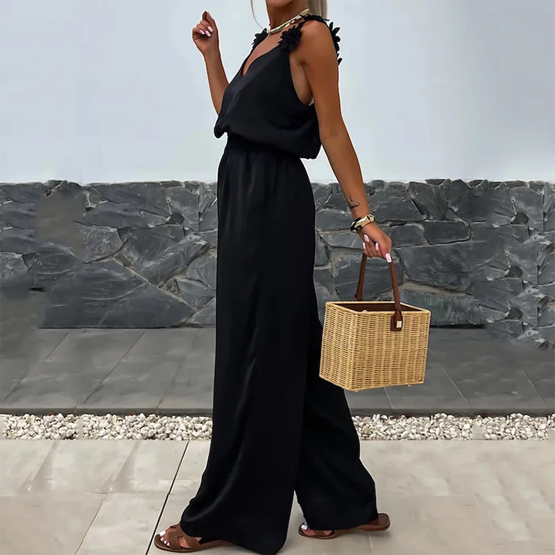 Spring Summer Women's Sexy Off Shoulder Suspender Jumpsuit Fashion Casual Solid Color Sleeveless with Pocket High Waist Jumpsuit