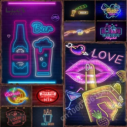 Neon Bar Metal Tin Sign for Beer Club Glass Cocktail Retro Poster Wall Room Decoration Home Party Kitchen Iron Art Decor Plaque